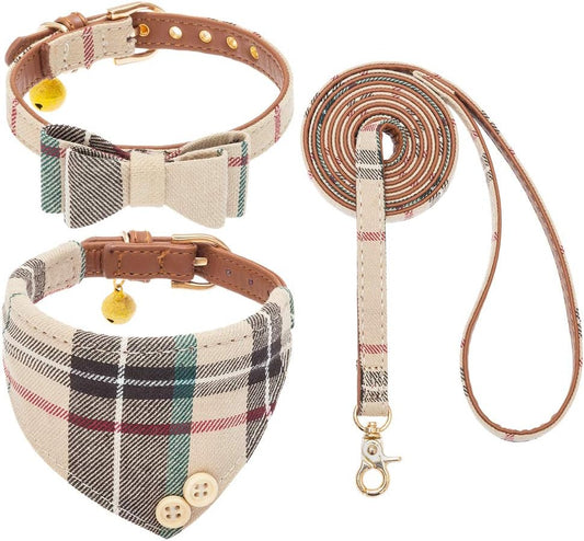 Pooch Bow Tie Dog Collar and Leash Set Classic Plaid Adjustable Dogs Bandana and Collars with Bell for Puppy Cats 3 PCS (Small, Cream)