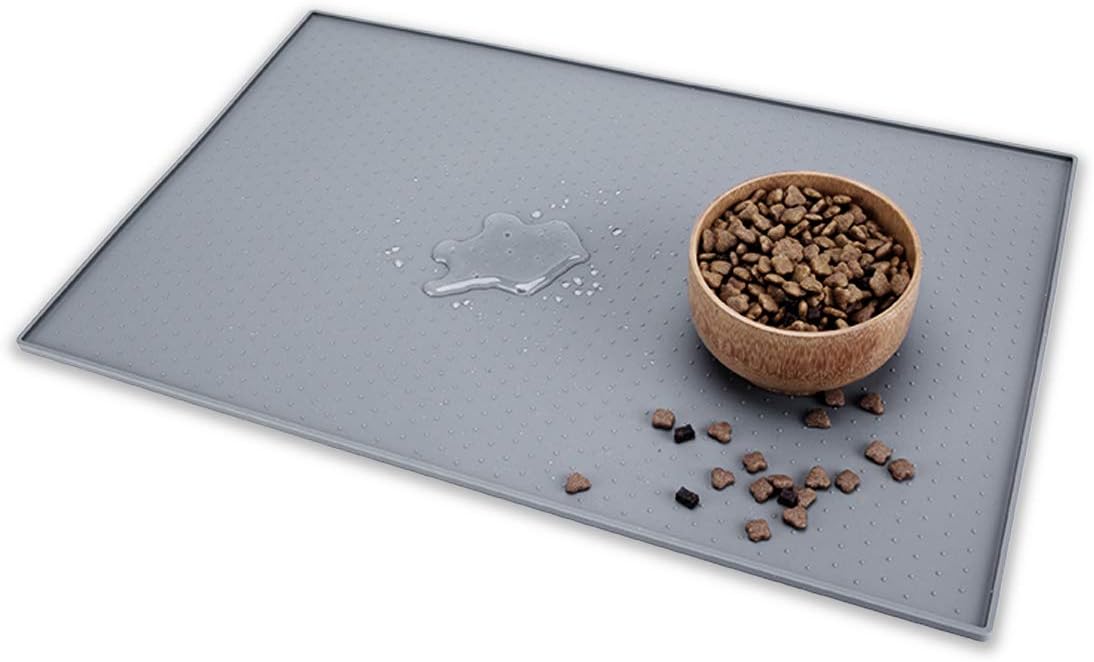 Pooch Cat Food Mats Waterproof Silicone Pet Food Tray Dog Bowl Mat for Floor with Raised Edge Extra Large Gray 24in x 16in