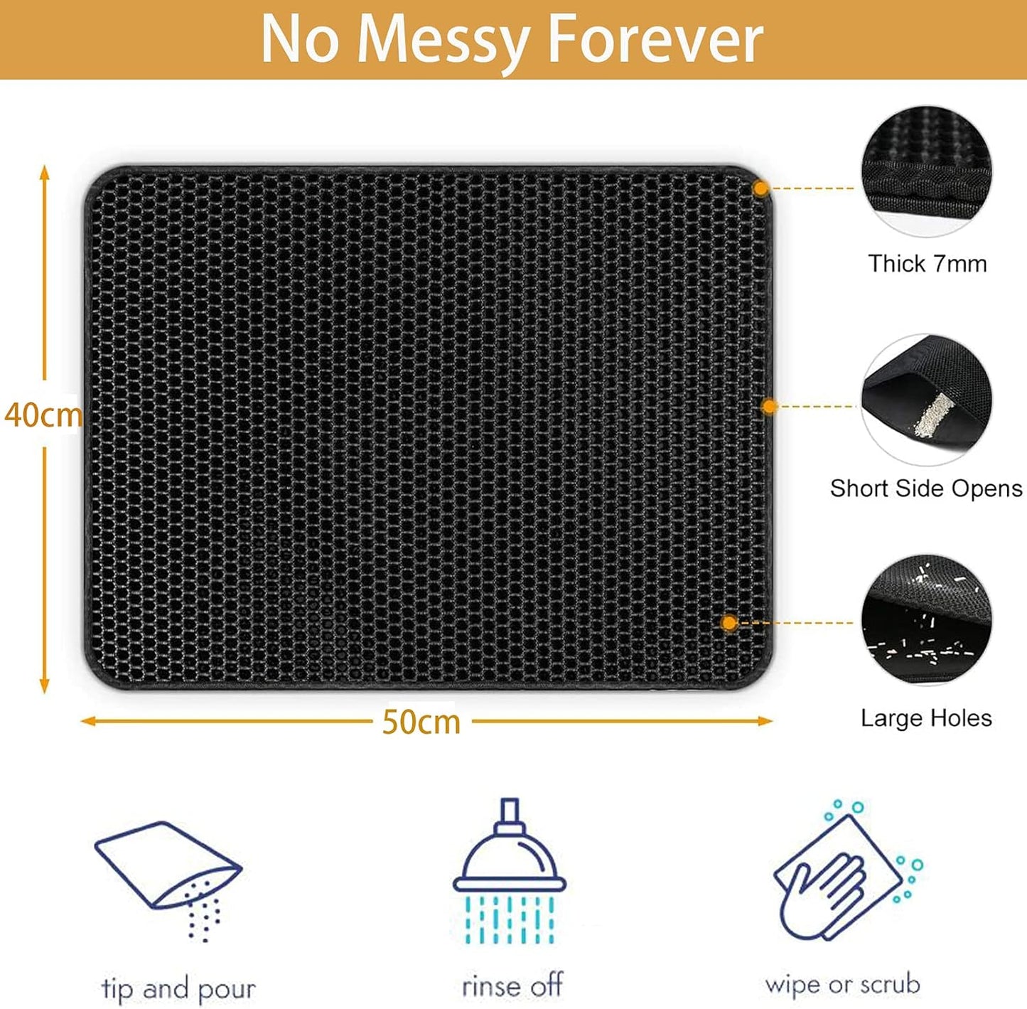 Pooch Cat Litter Mat, ikeoat Litter Trapping Mat for Cat Sand Litter Box Honeycomb Double Layer Design Waterproof Washable Pet Bed, BLACK, 45x60cm