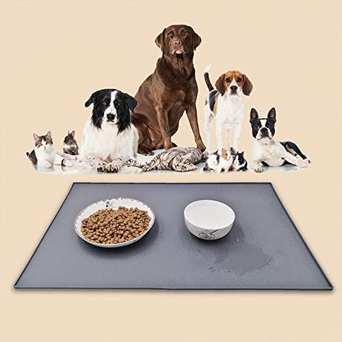 Pooch Cat Food Mats Waterproof Silicone Pet Food Tray Dog Bowl Mat for Floor with Raised Edge Extra Large Gray 24in x 16in